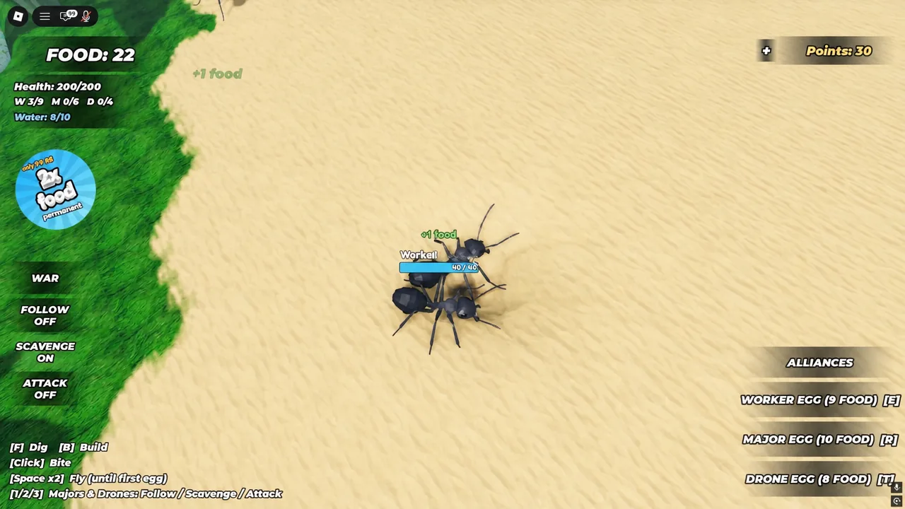 Worker ants picking up food with a +1 food pop-up on the gameplay screen