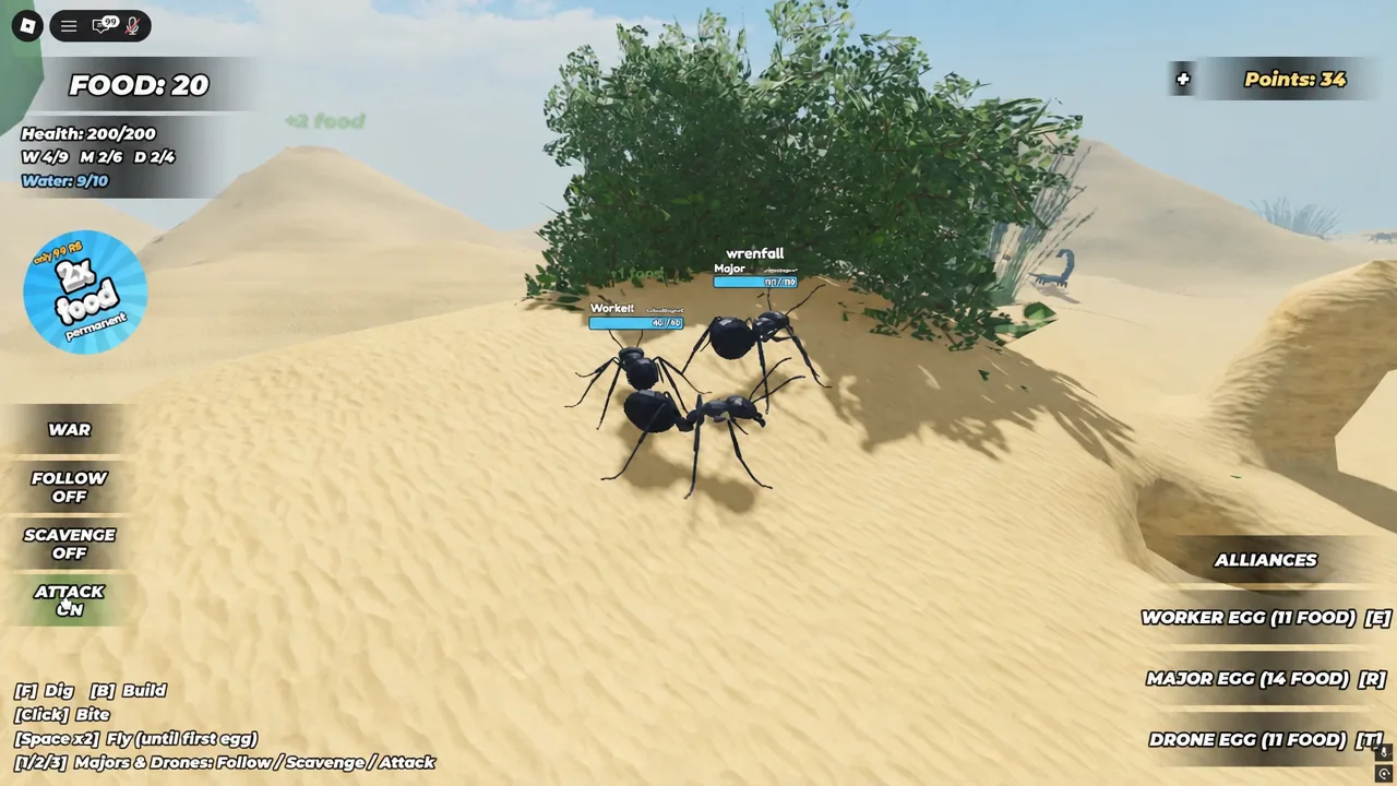 Ants swarming a scorpion in the desert with Attack mode active