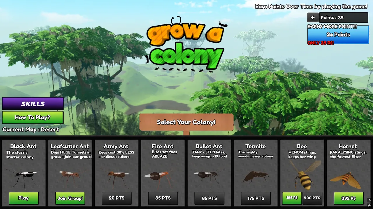The colony selection menu listing Leafcutter, Army, Fire, Bullet, Termite, Bee, and Hornet options