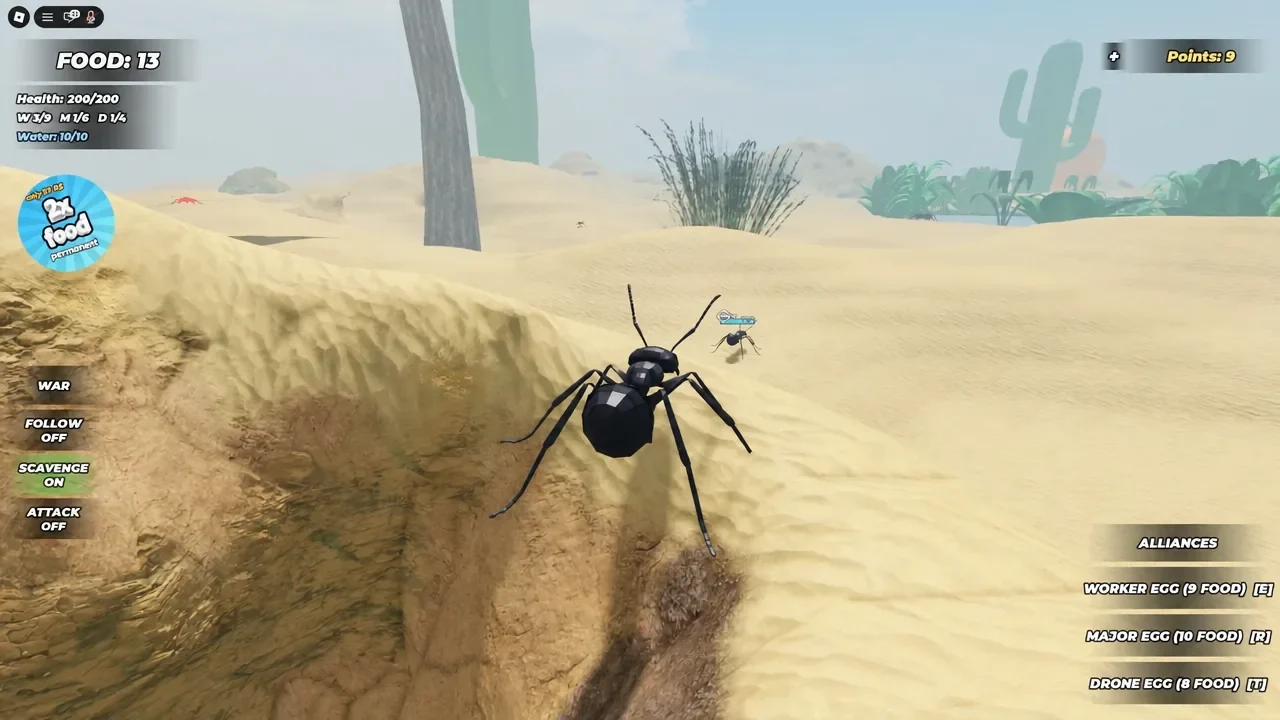 An ant moves across the desert with the Follow, Scavenge, and Attack commands on screen. Image credit: sebcaddy1 / via @ItsChalls