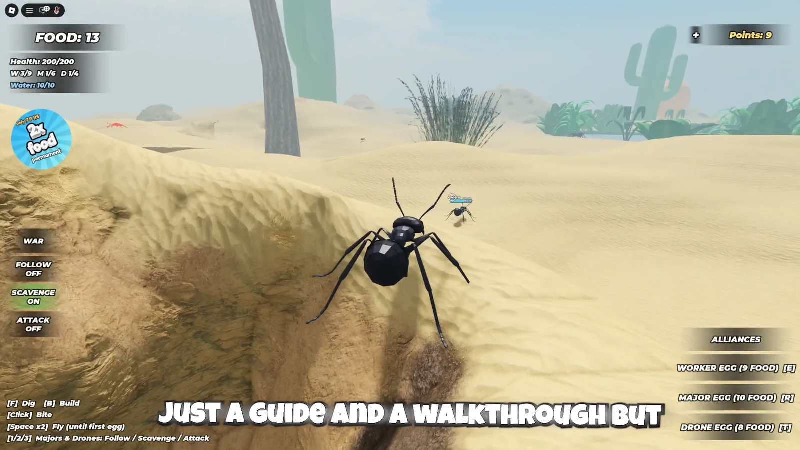 Ant crossing the desert toward another ant with Follow, Scavenge, and Attack commands shown