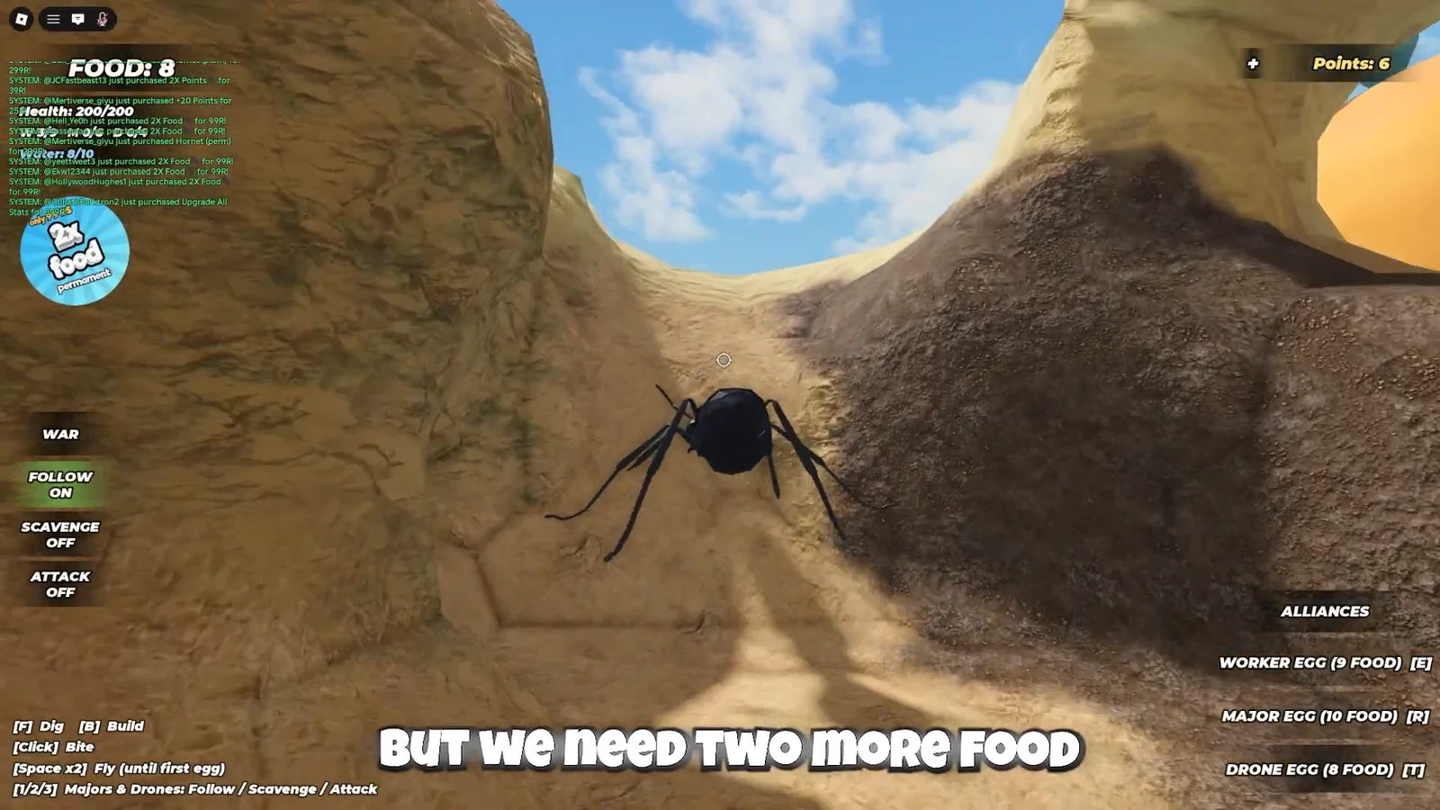 Drone flying through a canyon while the Food counter shows 8 during collection