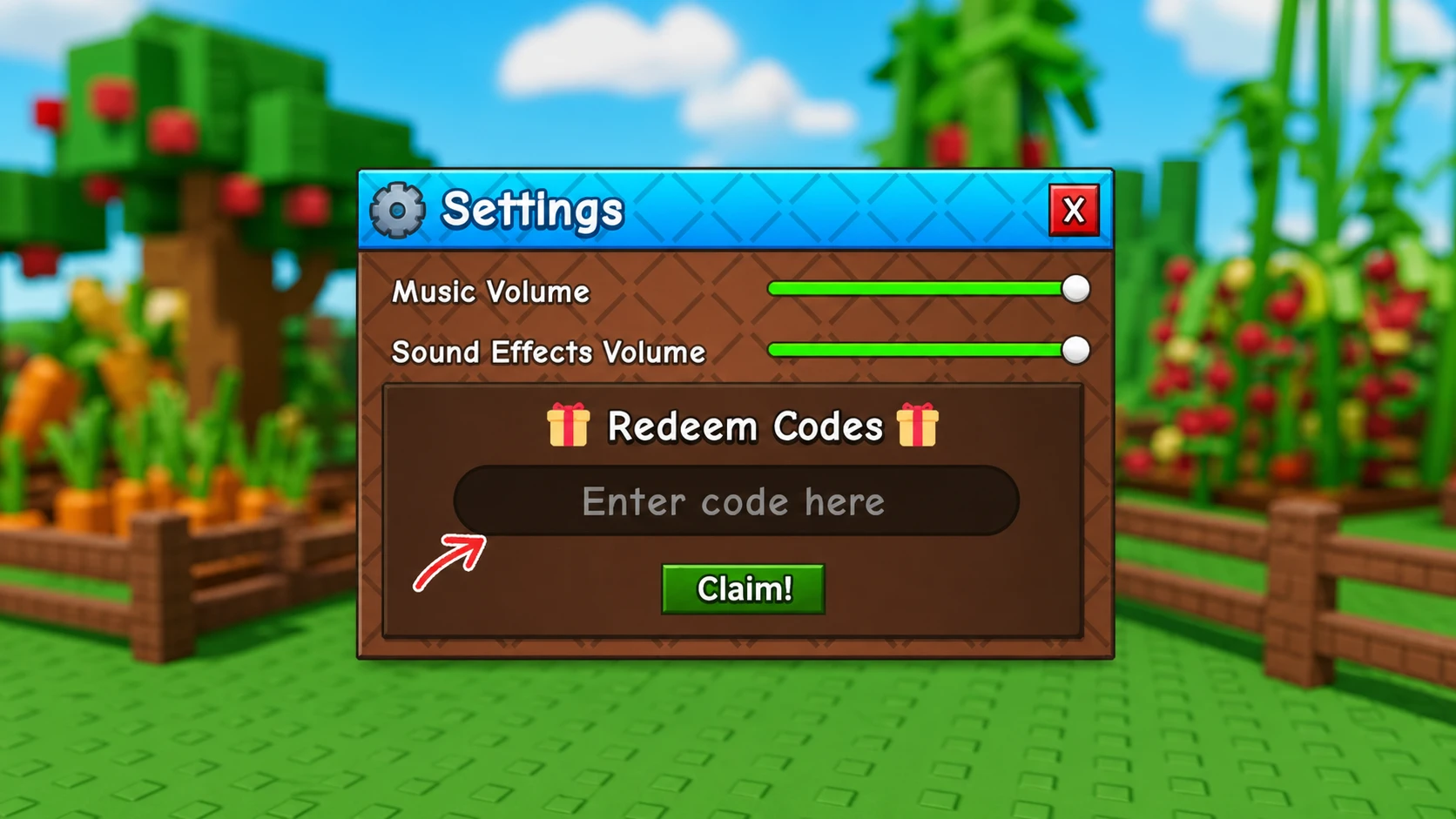 Code entry menu in Grow a Garden 2 with the Claim button highlighted