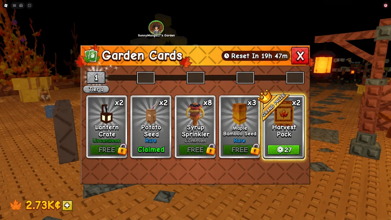 Garden Cards menu showing the Harvest Pack grand prize available to buy for 27 leaf currency