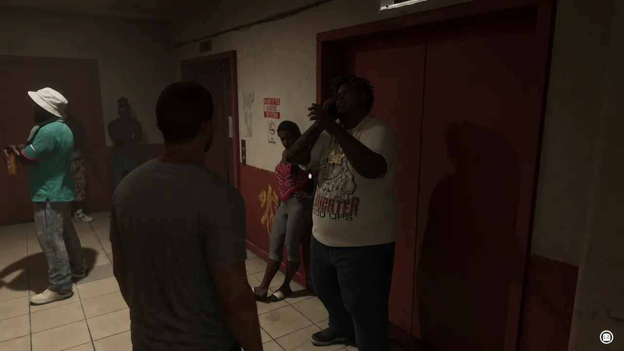 L2 interaction prompt on screen while facing a group of NPCs in an elevator lobby