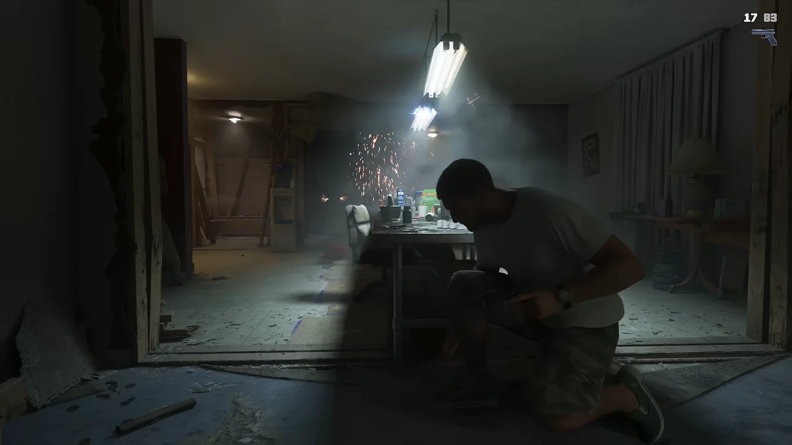 Crouched behind cover during an indoor firefight with a pistol and 17/89 ammo count