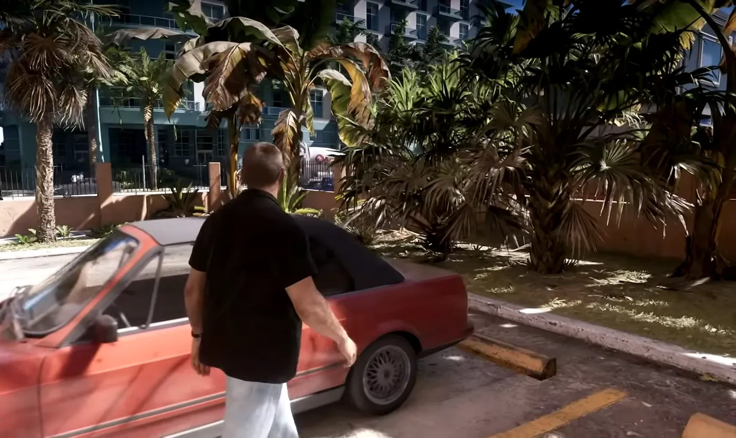Character standing beside an open red car door in a tropical parking lot