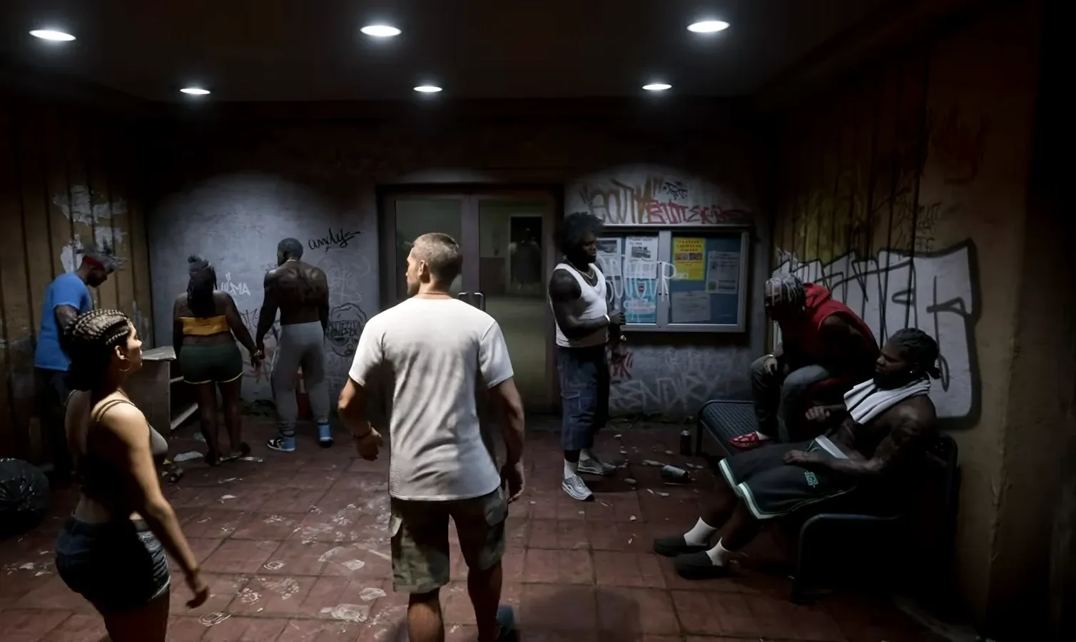 Dense street crowd showing the wide variety of NPC body types and animations