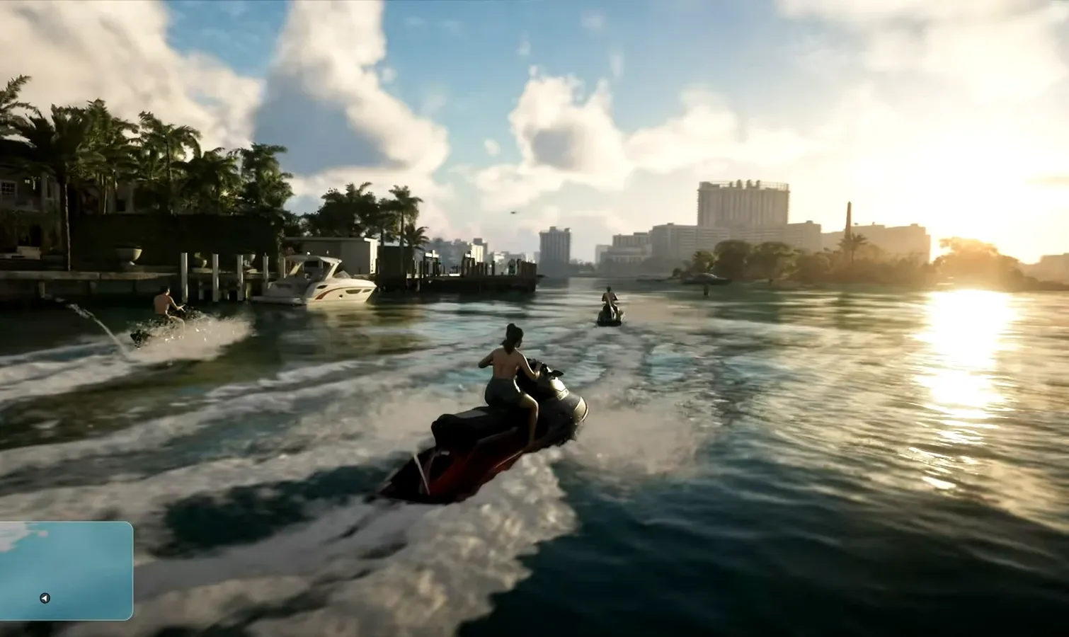 Character riding a jet ski through a city waterway with the minimap in the corner