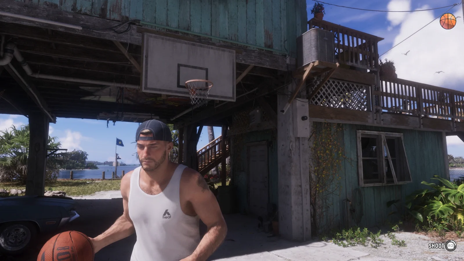 Shooting hoops with the R2 prompt on a GTA 6 beach court