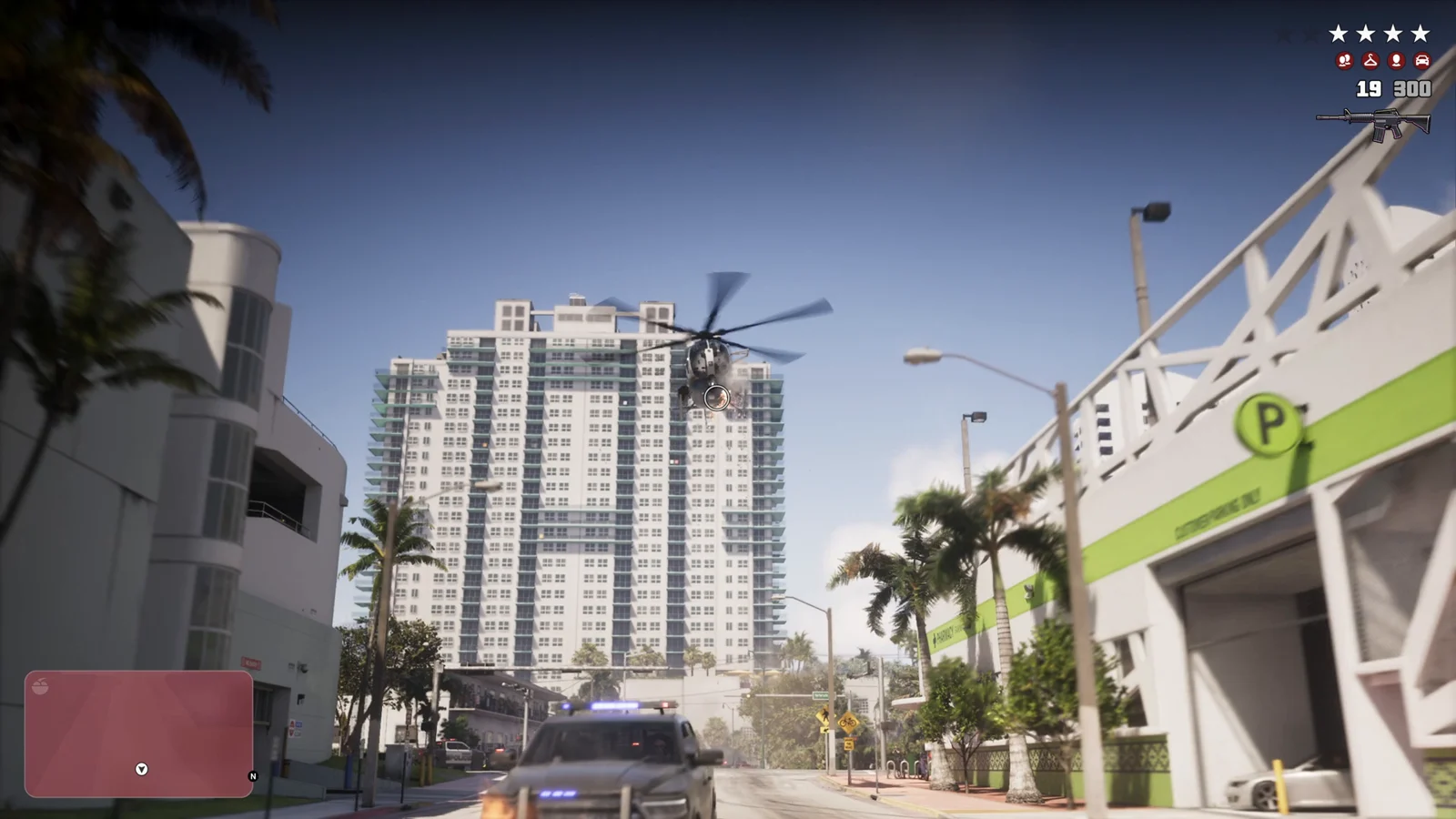 Police helicopter over Vice City during a four-star chase in GTA 6