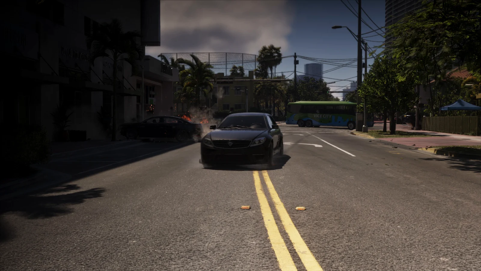 Calm getaway past a burning decoy car in GTA 6