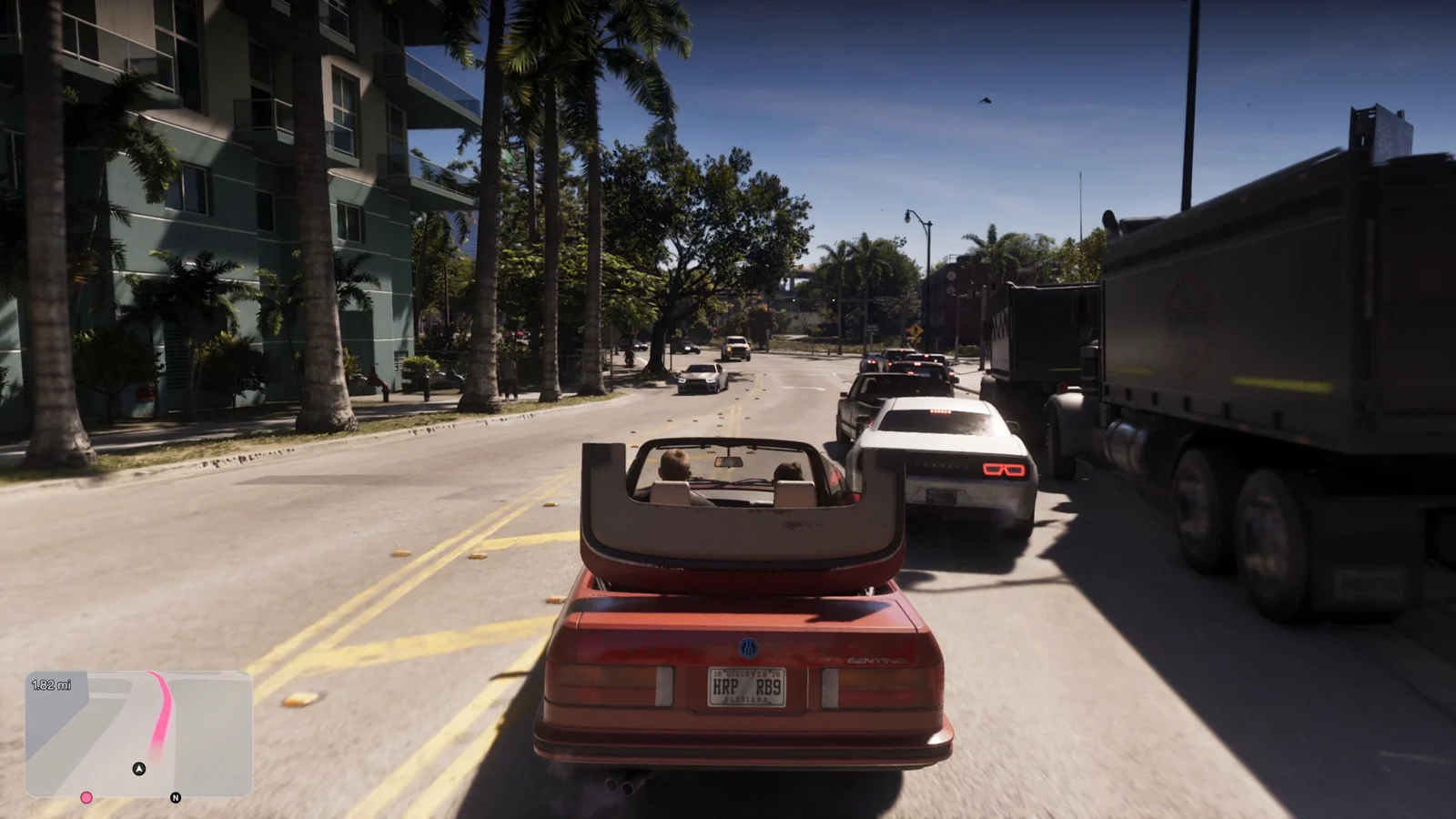 GTA 6 driving HUD with rounded minimap, pink GPS route and distance readout