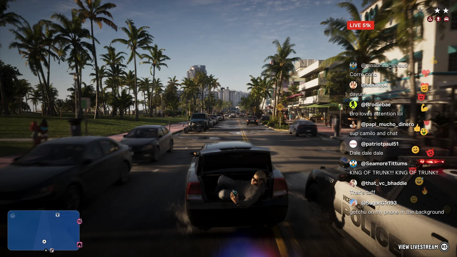 GTA 6 livestream overlay with live viewer count, chat feed and View Livestream R3 prompt