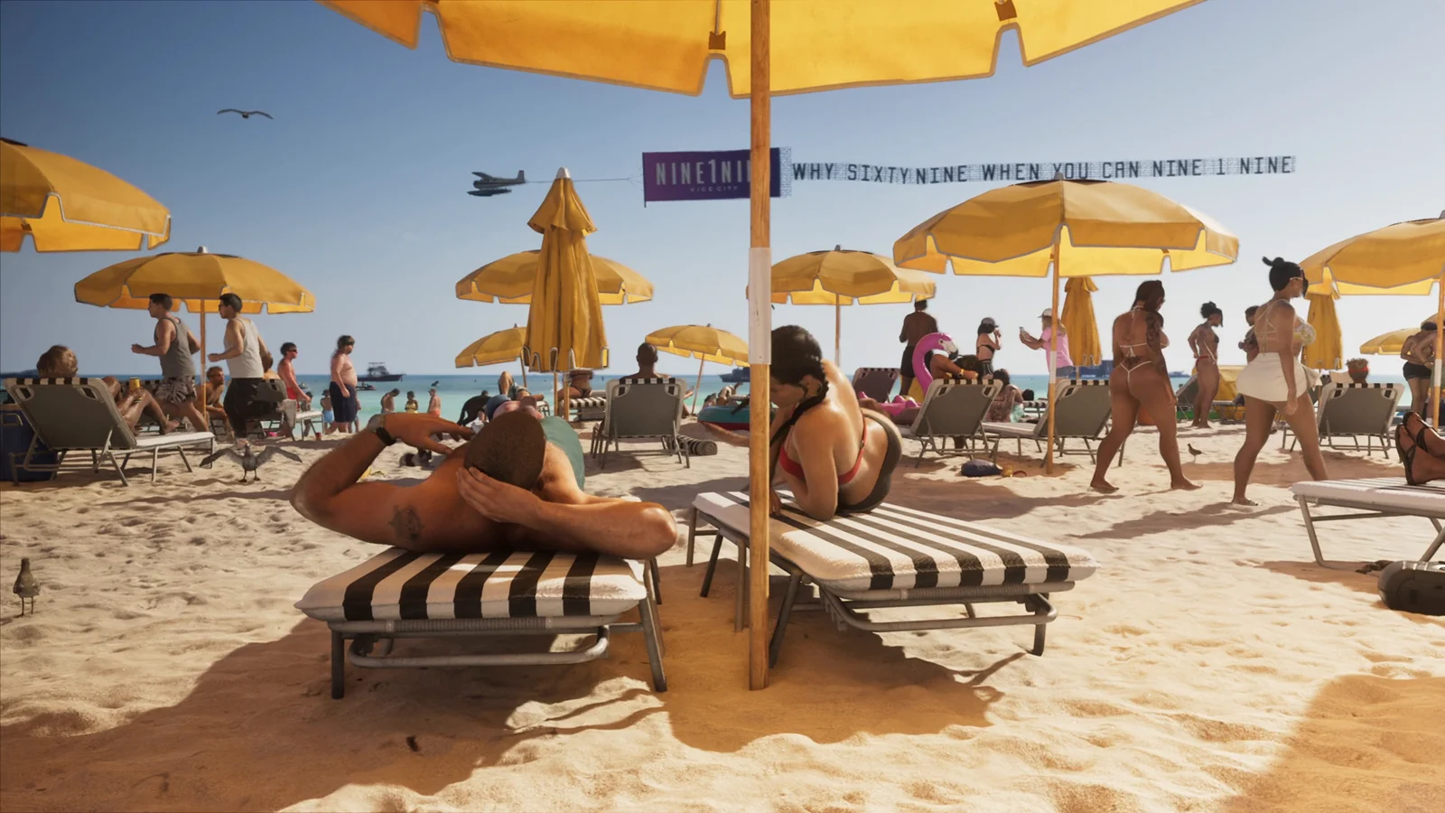 Vice Beach with yellow umbrellas, sunbathers and a banner plane in GTA 6