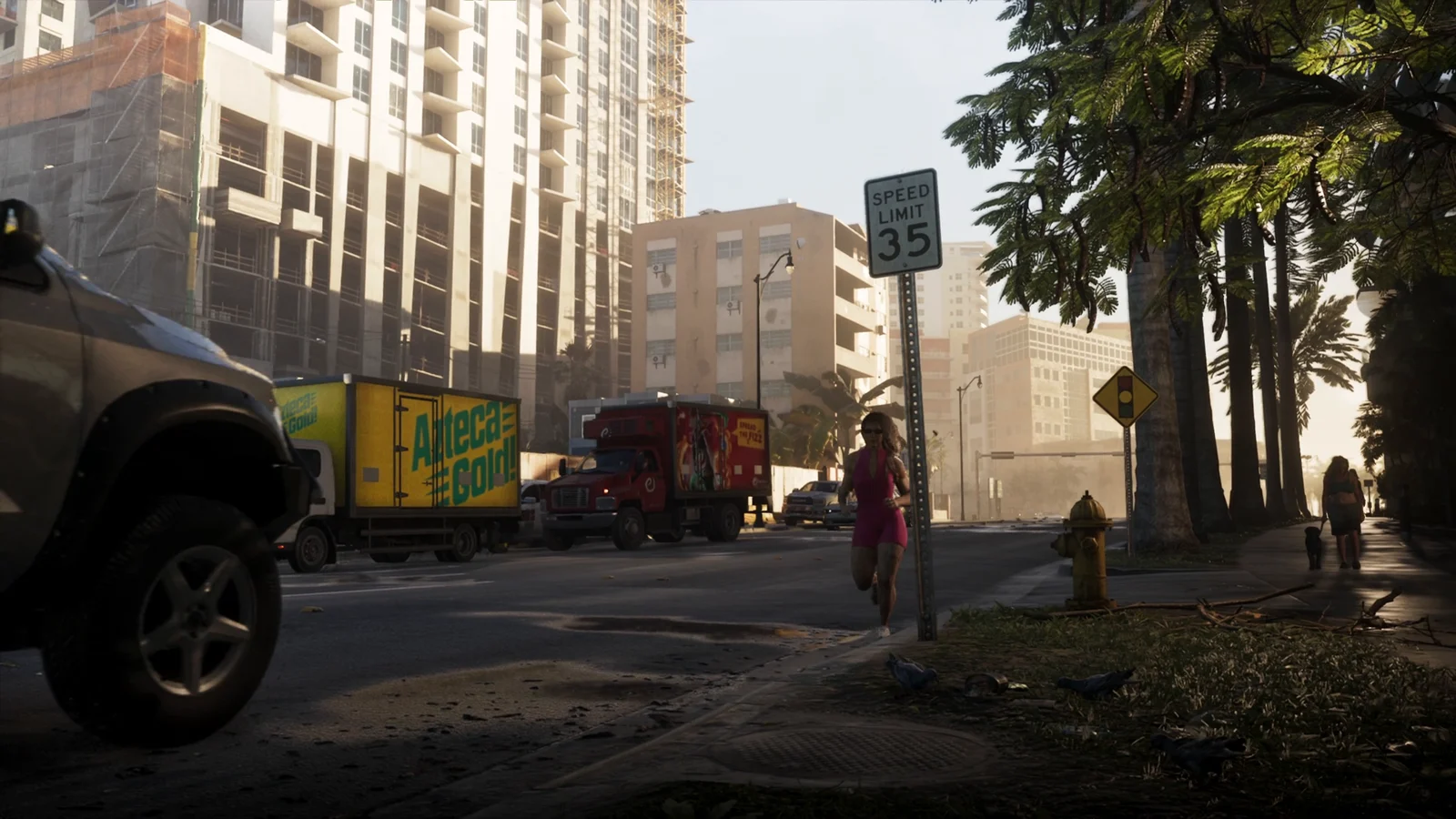 Daytime Vice City street with construction towers and traffic in GTA 6