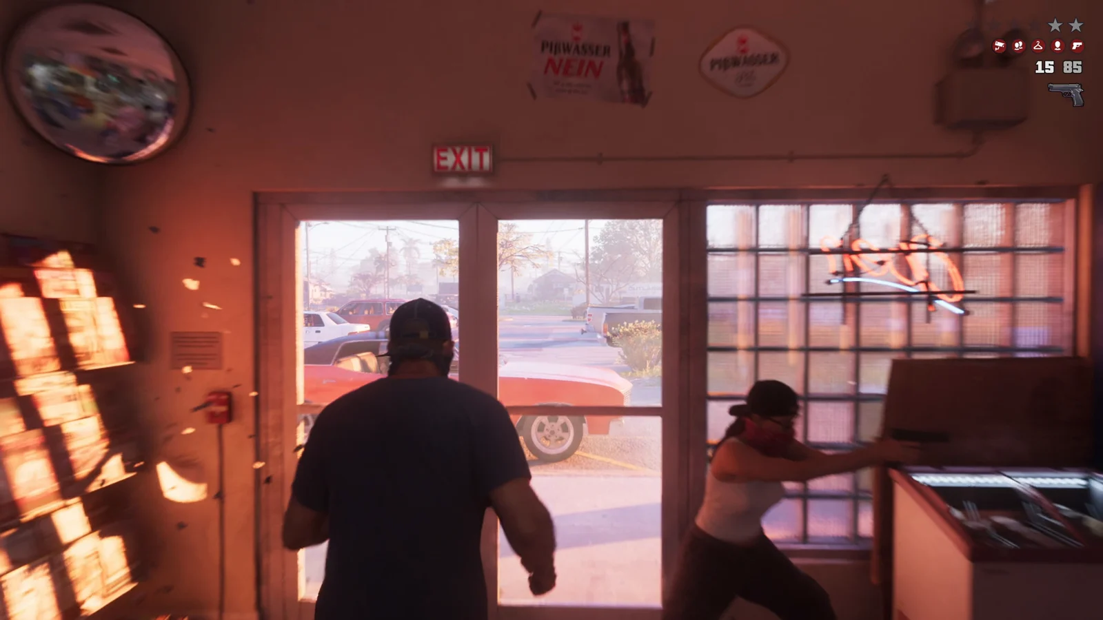 Shooting through the diner doorway during the GTA 6 escape