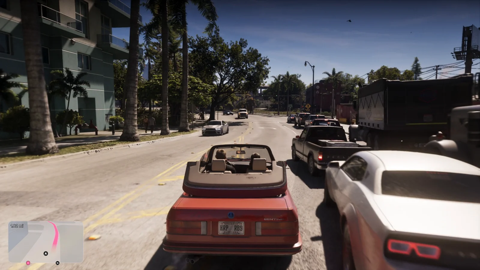 Red classic convertible driving through Vice City traffic in GTA 6