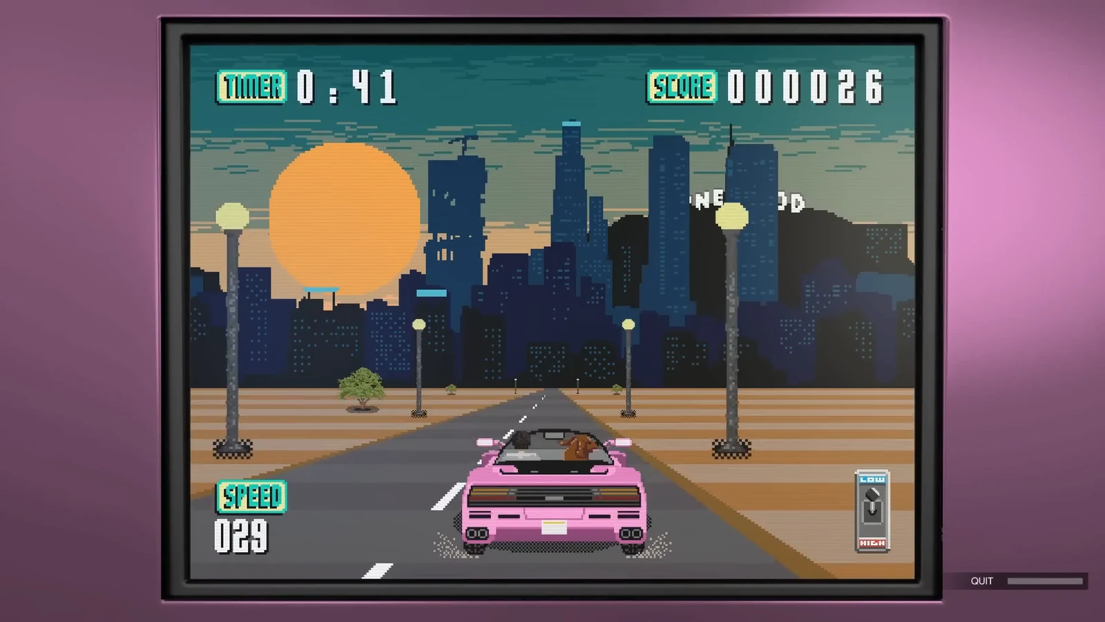 Retro arcade racing minigame with a pink sports car and a countdown timer on screen