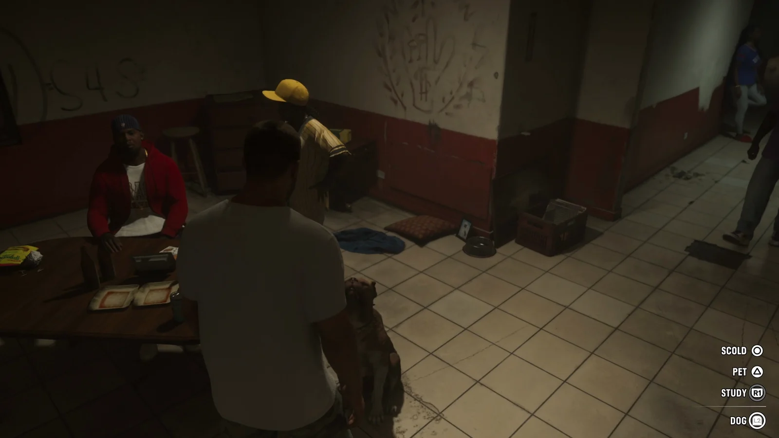 GTA 6 dog interaction options showing Scold, Pet, Study and Dog prompts