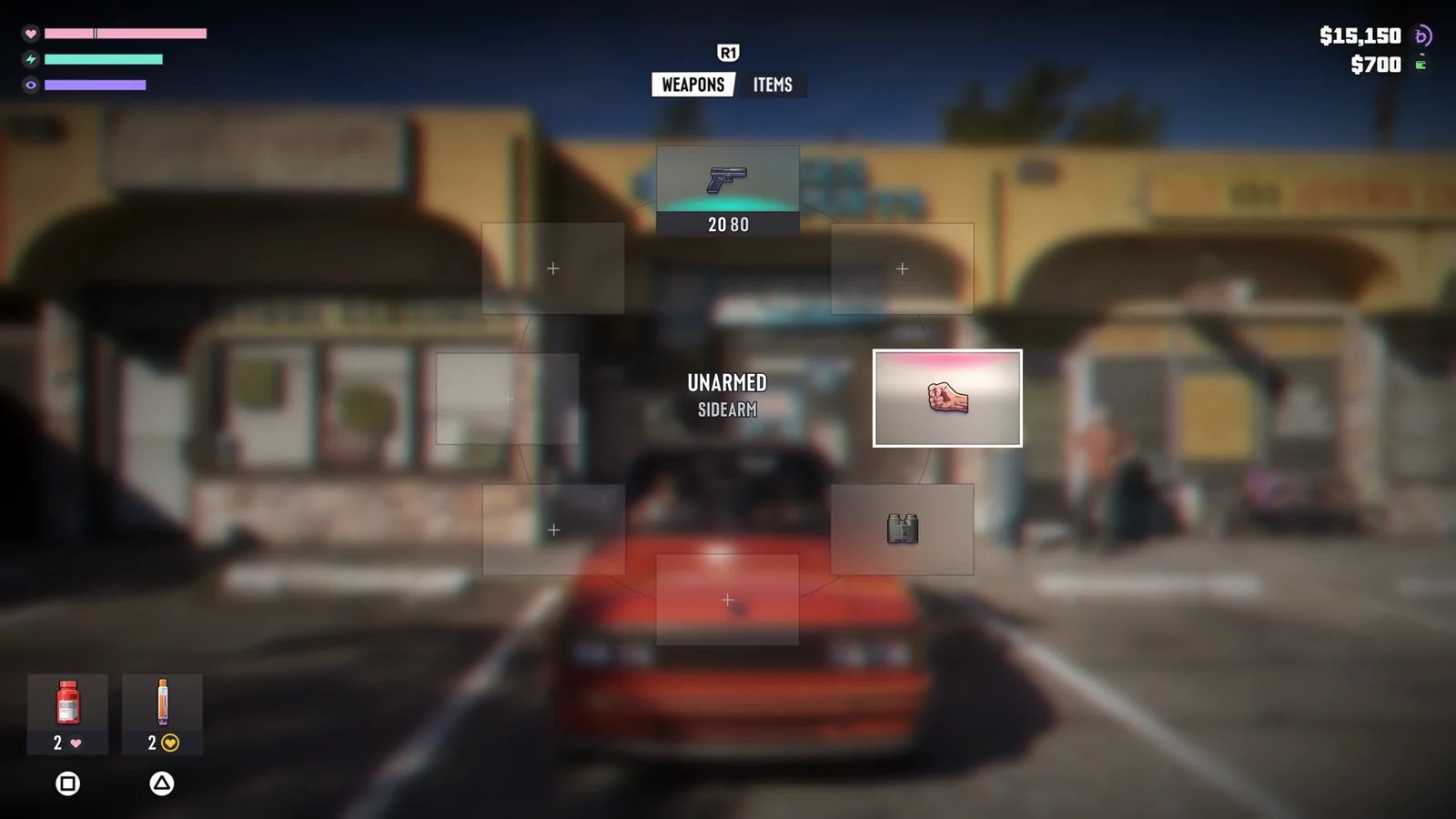 GTA 6 weapon wheel with weapons and items tabs, sidearm slot and quick-use consumables