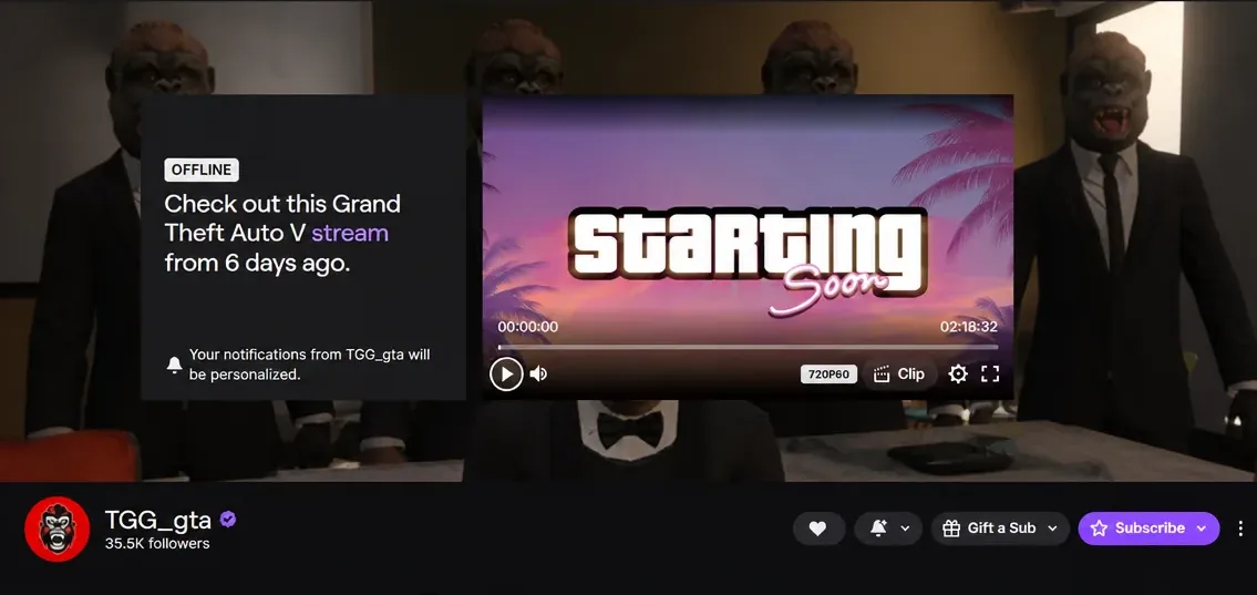 Twitch channel page showing an offline streamer with a paused GTA video