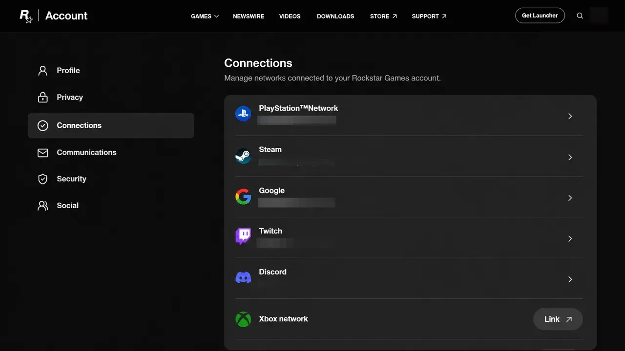 Rockstar account Connections page showing linked services