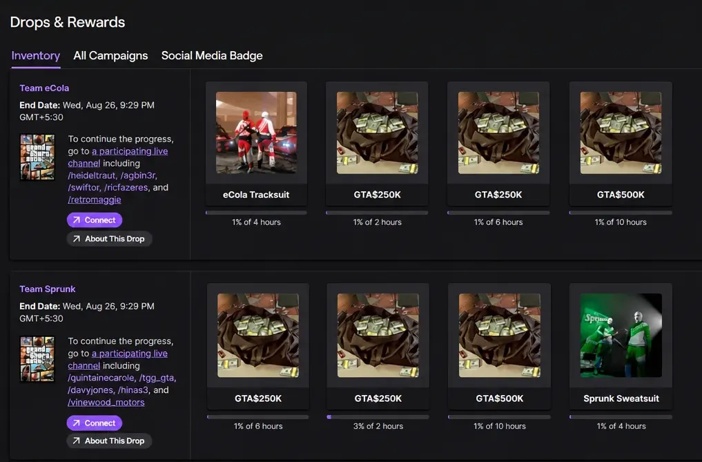 Twitch Drops and Rewards inventory tab showing campaign progress