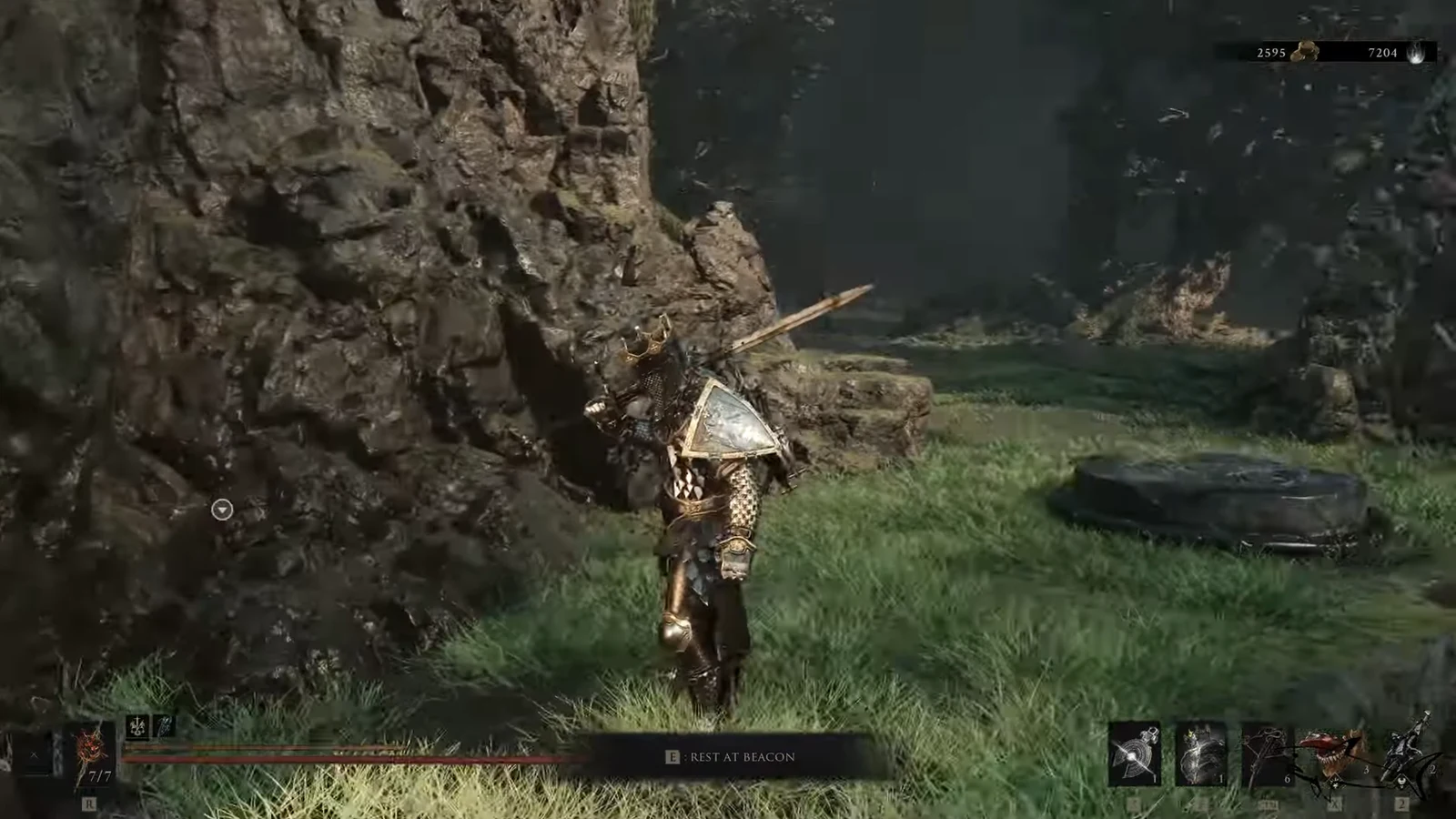 Character standing near a beacon with the E: REST AT BEACON prompt in a grassy area