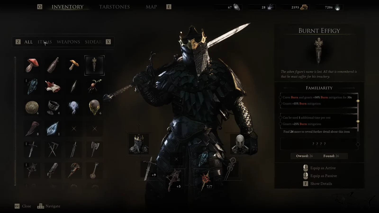 Inventory screen showing an item with its familiarity effects and equip options