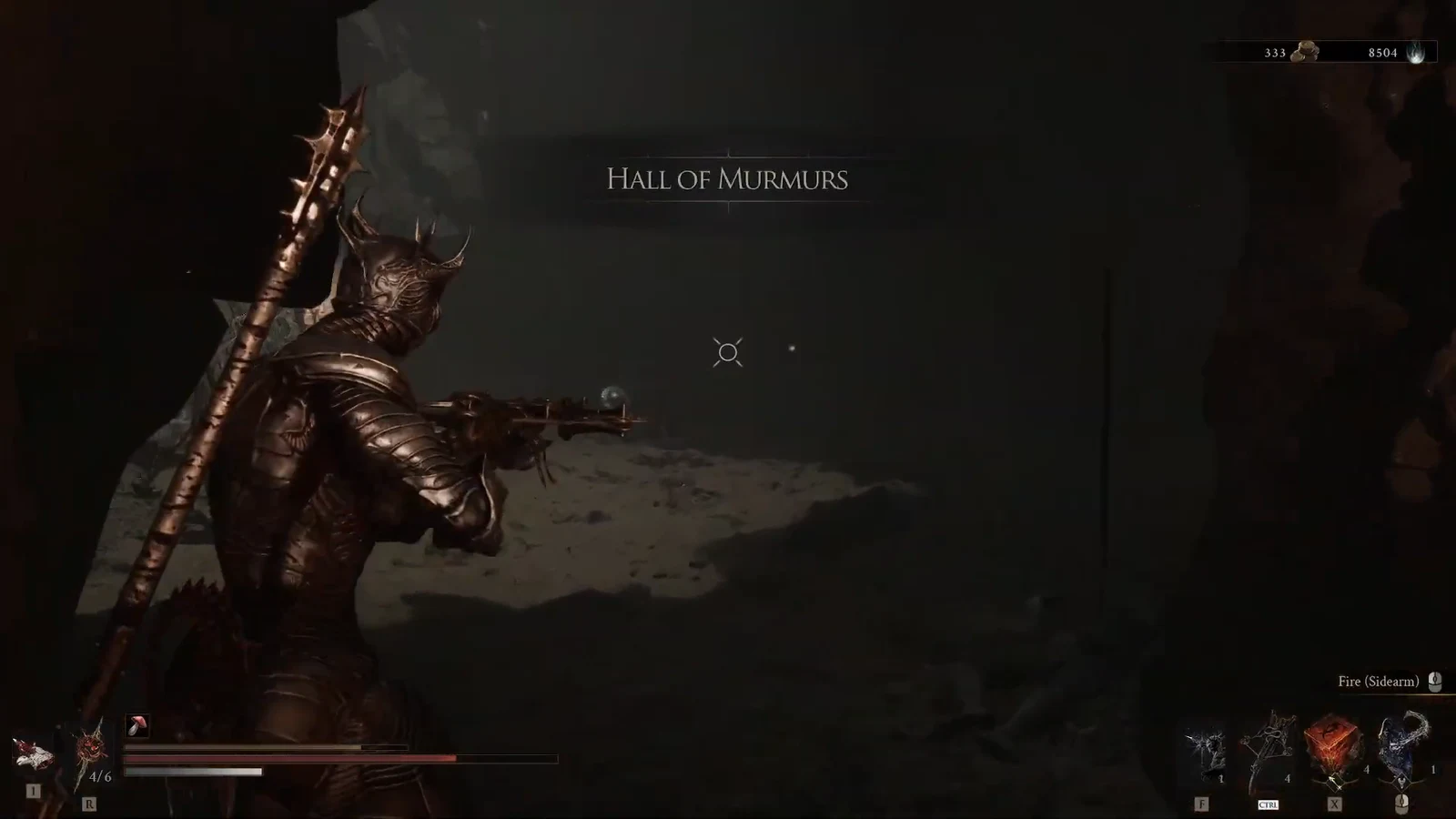 Armored character firing a sidearm at a distant enemy inside a dark dungeon corridor
