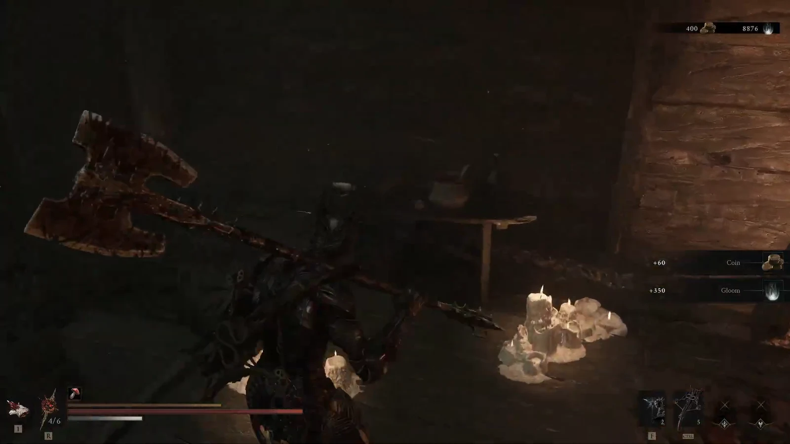 Character with a large axe collecting Coin and Gloom rewards in a candlelit chamber