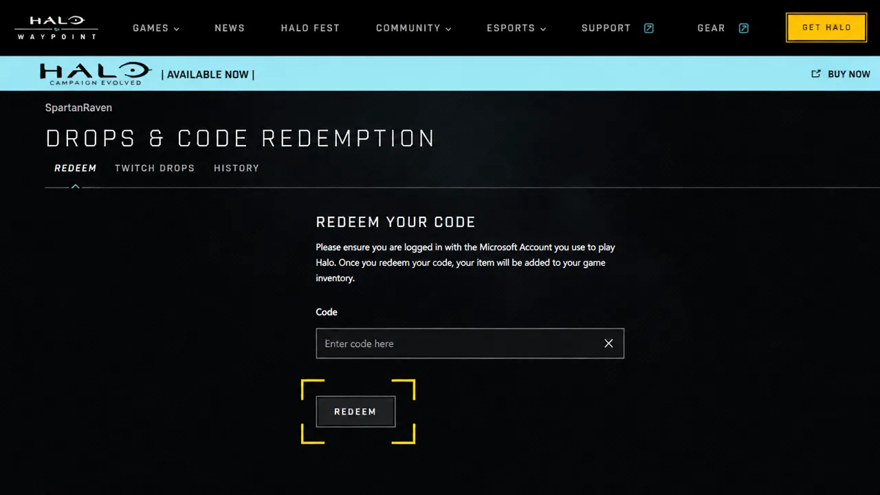 Redeem button below the code entry field on the Drops and Code Redemption page