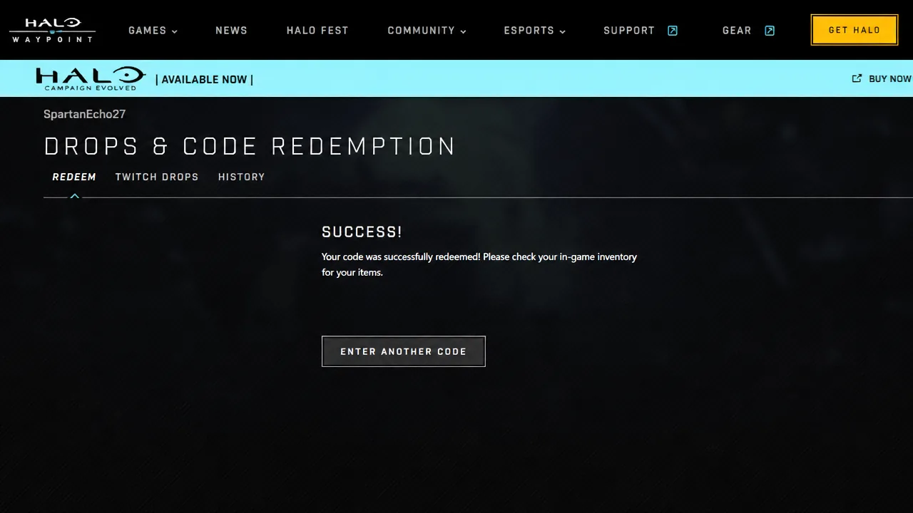 SUCCESS confirmation screen after redeeming a code, with an option to enter another code