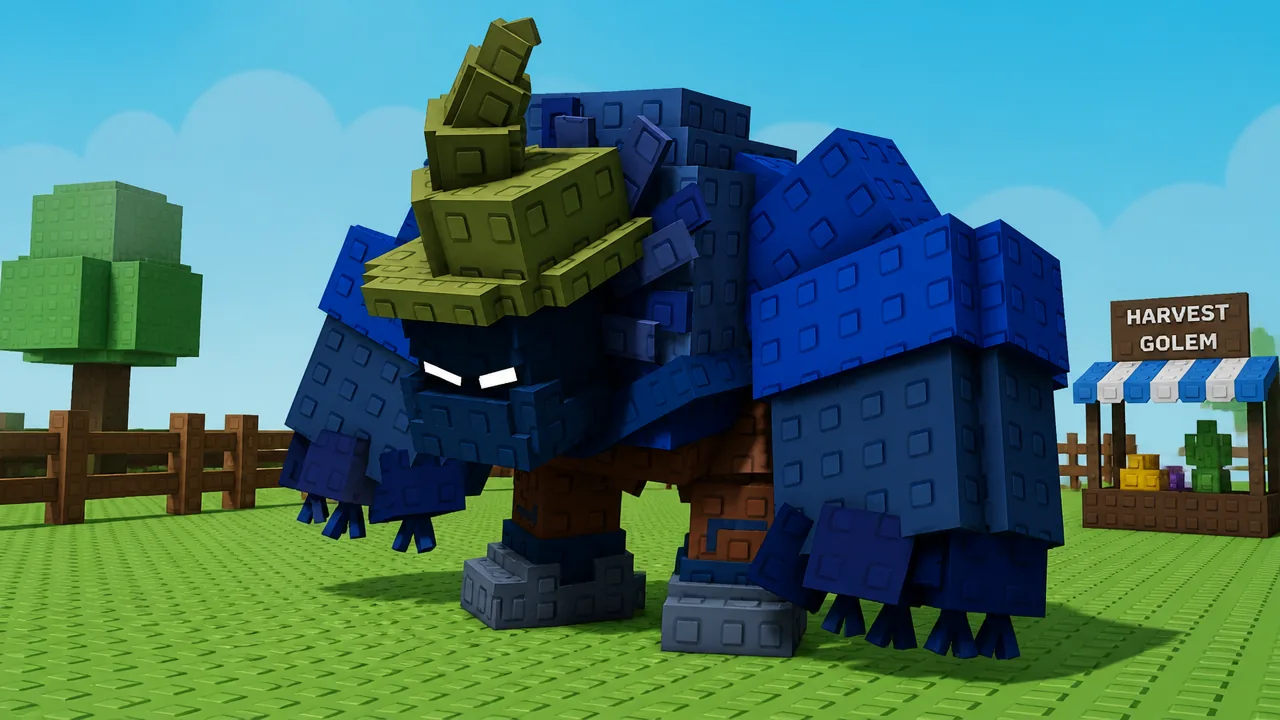 An Inverted mutation variant of the Harvest Golem pet standing in a garden