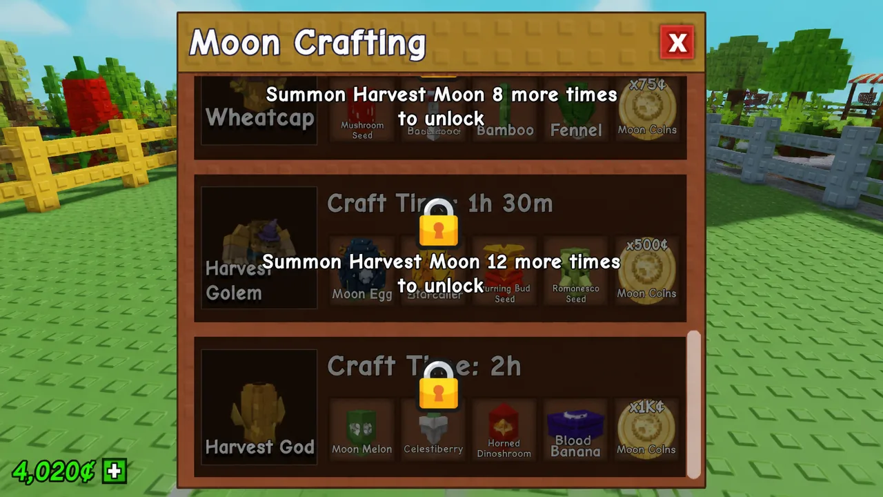 Moon Crafting menu with locked Harvest Golem recipe listing the remaining Harvest Moon summons needed