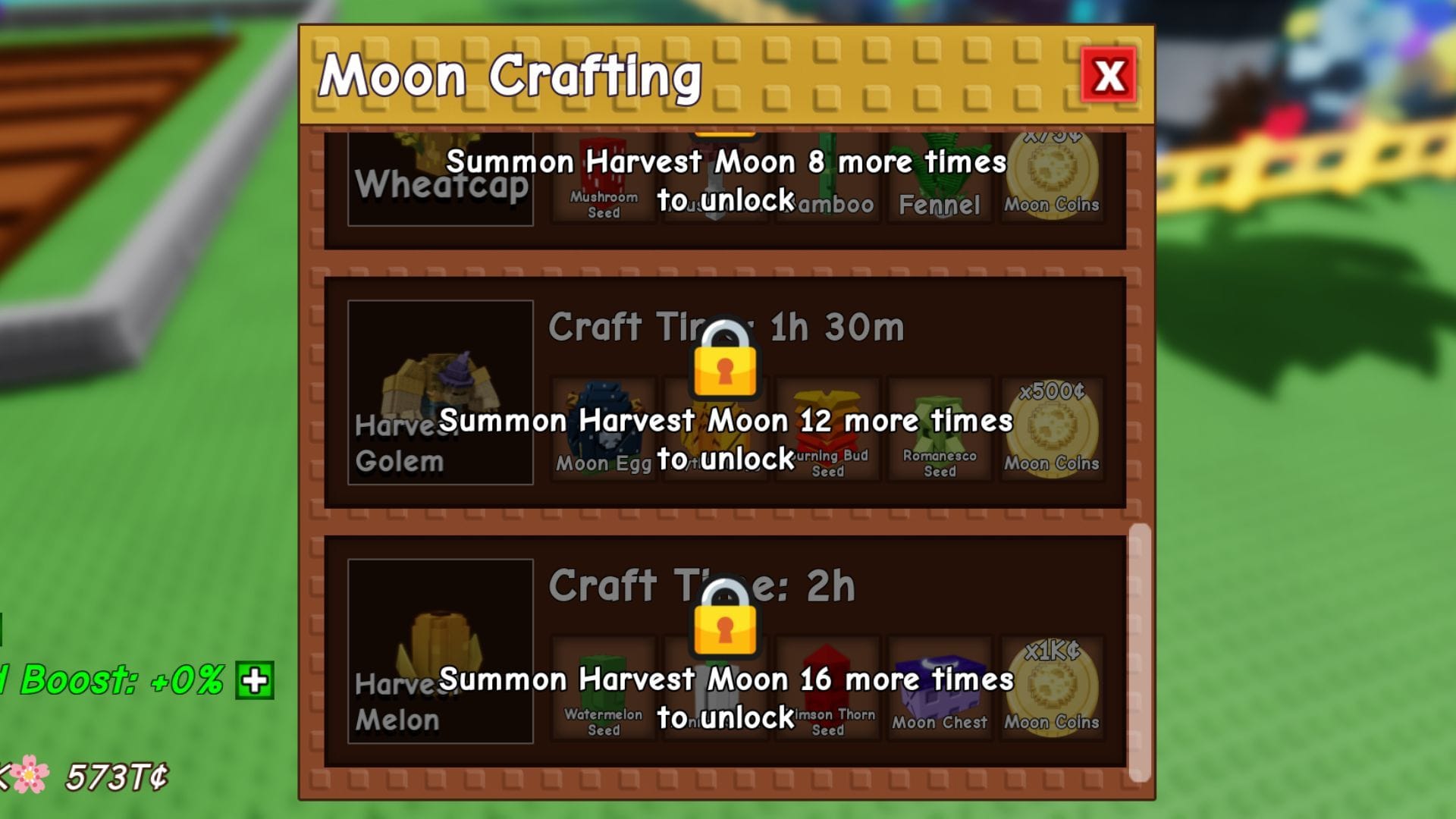 Harvest Melon Seed recipe shown at the Moon Crafting Station with its seed and Moon Coin costs