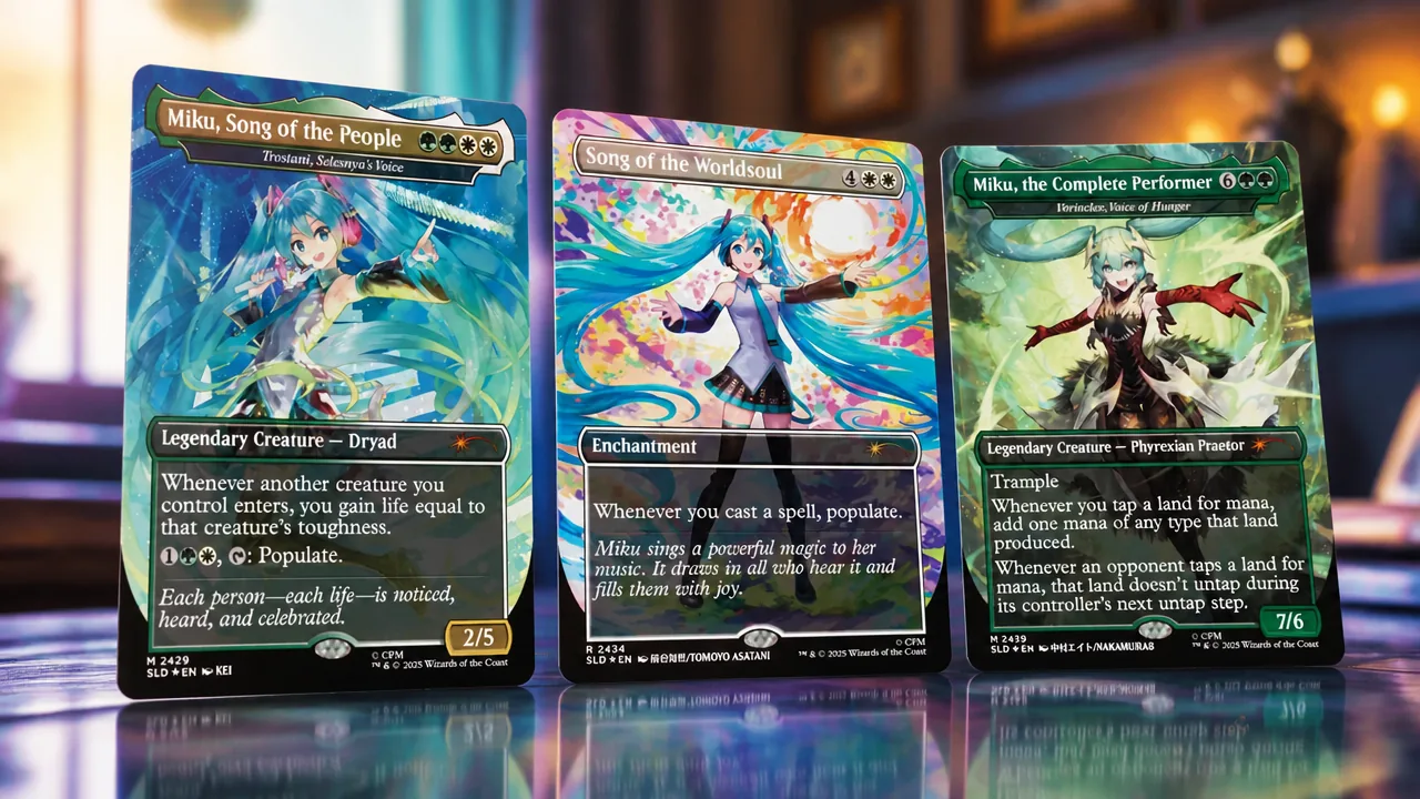 A lineup of three Hatsune Miku Commander cards from the Secret Lair deck