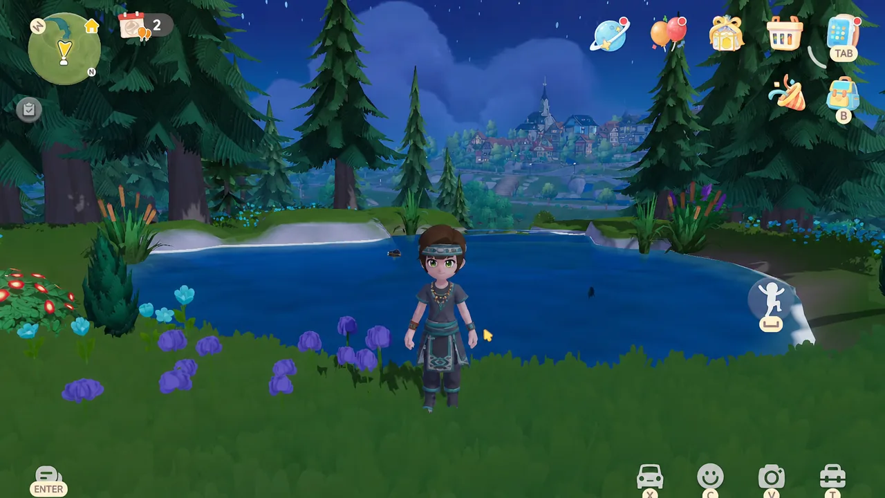 Avatar fishing beside the pond at Forest Lake with the TAB prompt visible