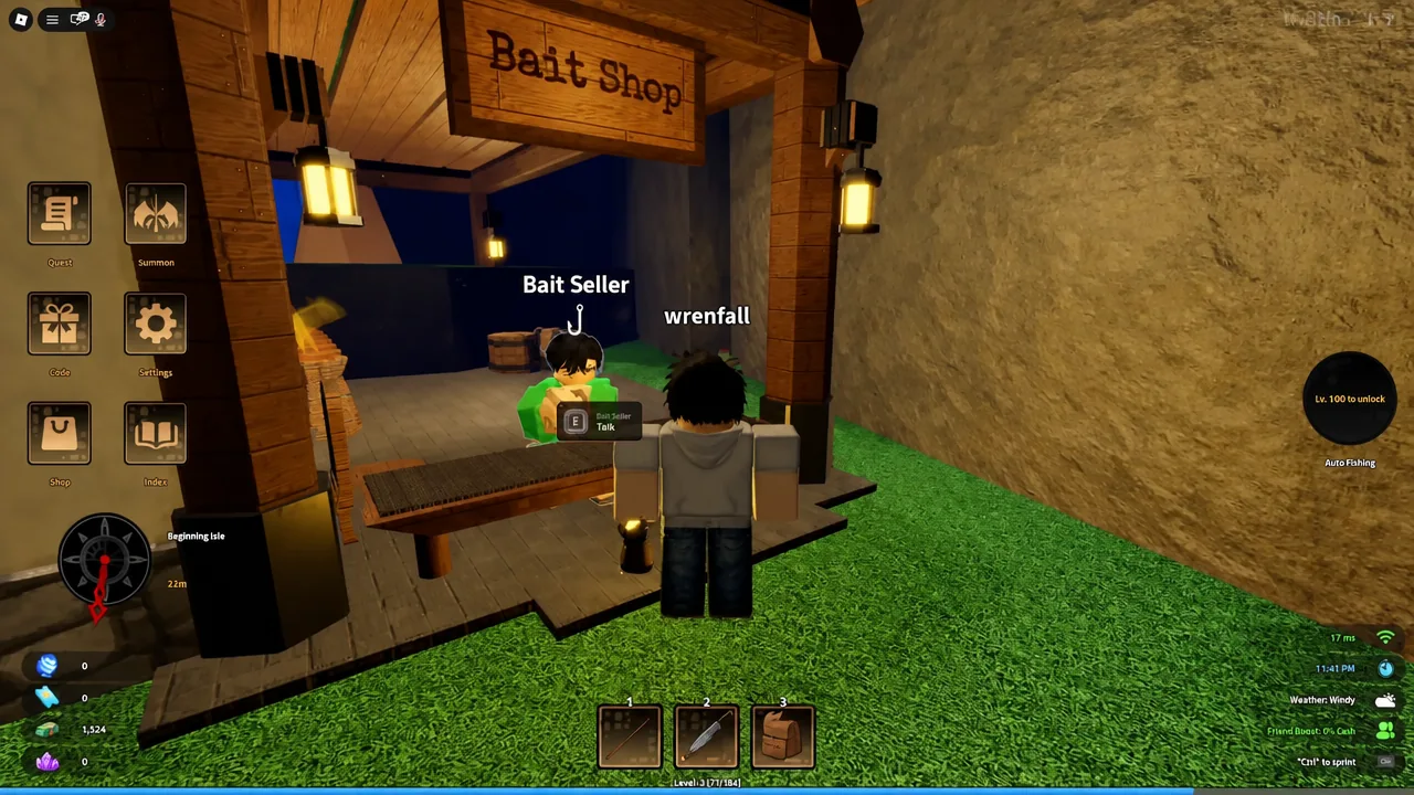 Bait Seller stall with the F Talk interaction prompt highlighted