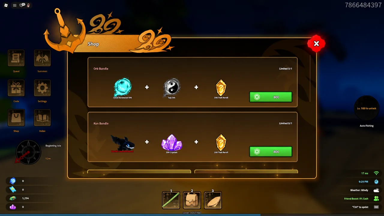 Shop menu displaying the Orb Bundle and Kun Bundle with green purchase buttons