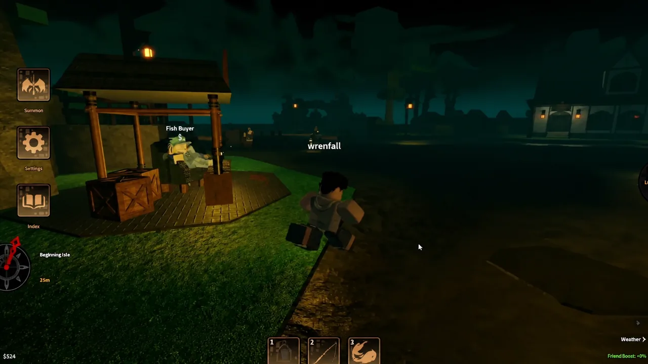 Player approaching the Fish Buyer stall on the docks during co-op play