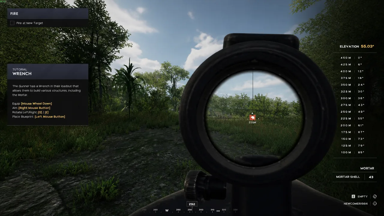 Mortar scope aimed at a 225-meter target with elevation set to about 55 degrees
