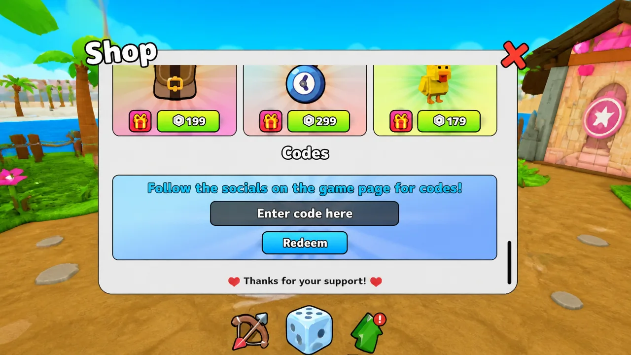 Shop menu's code entry field and Redeem button used to claim rewards