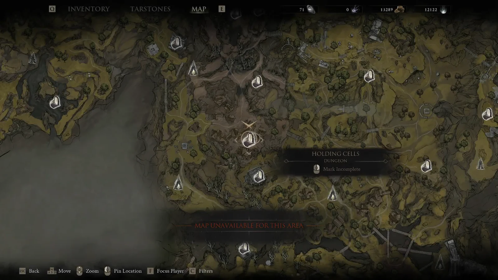 Overworld map highlighting Holding Cells with a mark-incomplete option