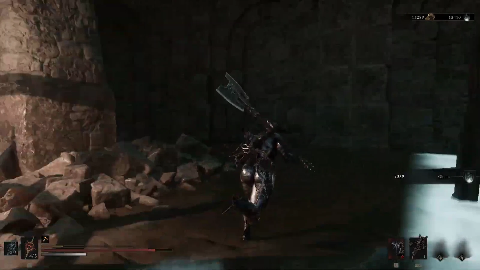Armored character with a cleaver in a dark flooded dungeon as Gloom ticks up