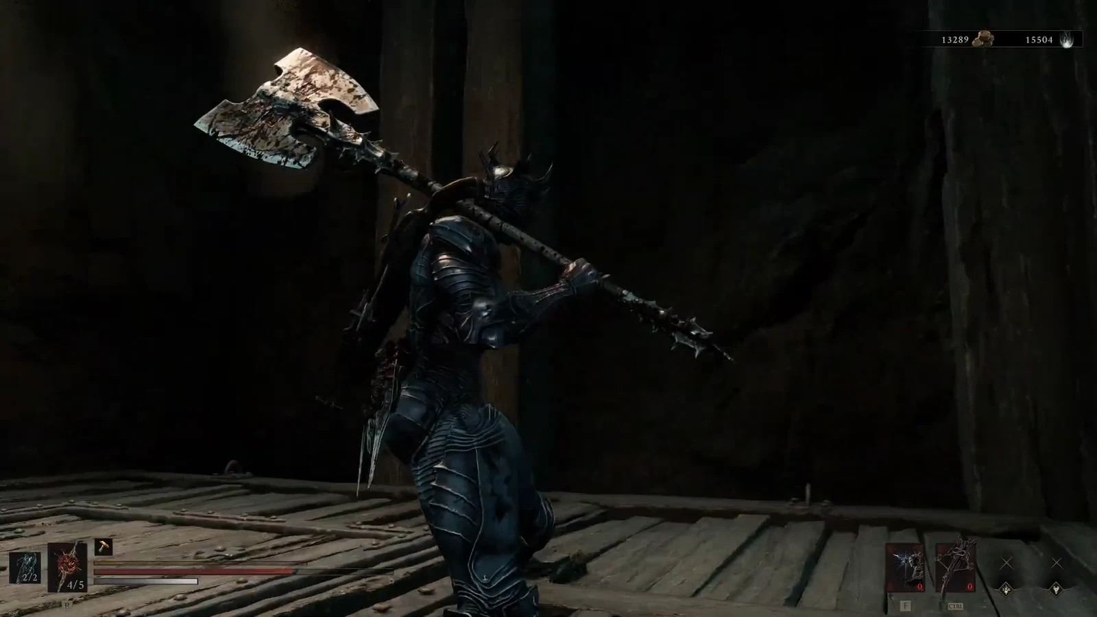 Armored character raising a two-handed axe on a wooden platform
