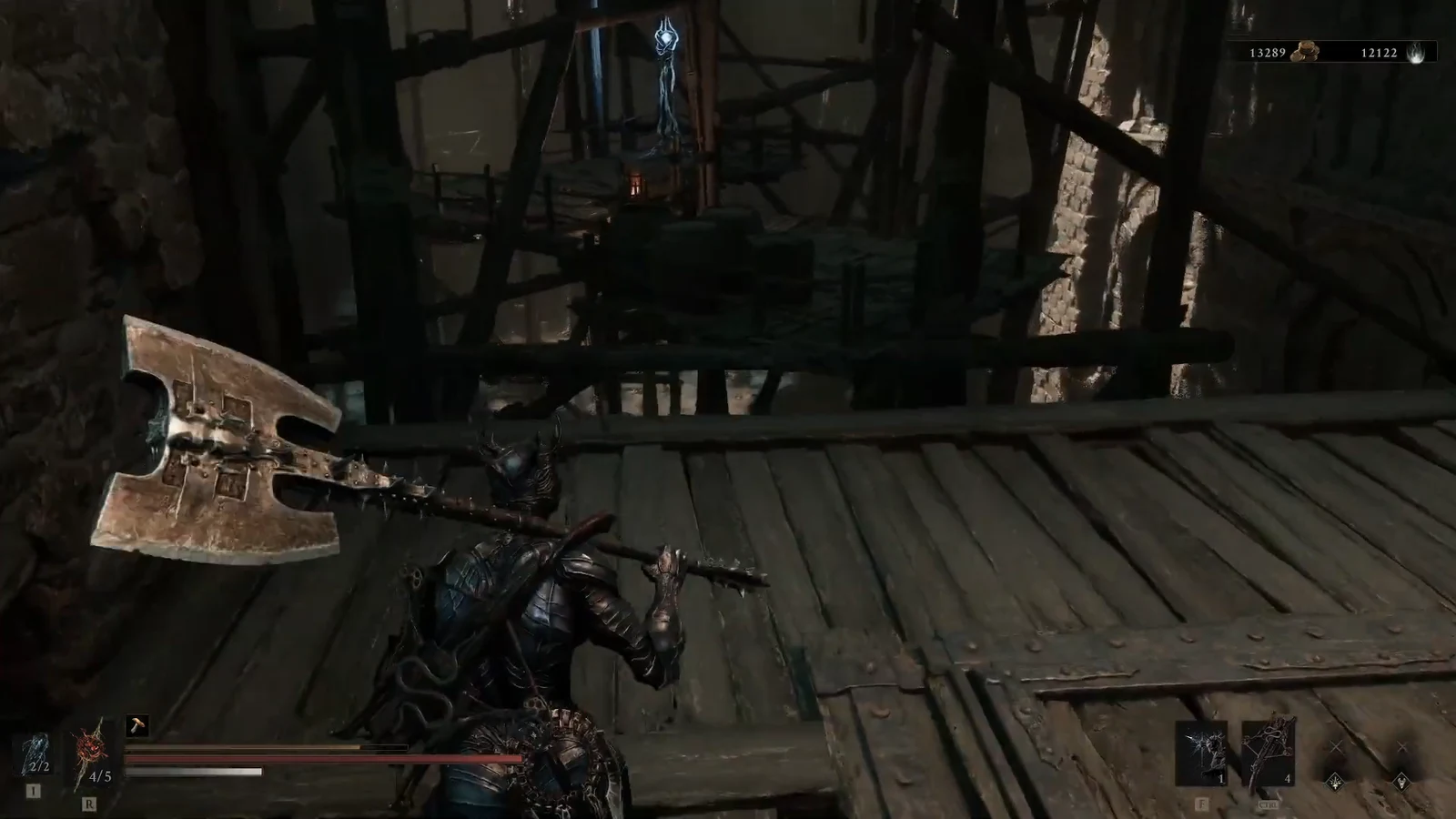 Armored character with a large axe walking a wooden platform toward a glowing shrine