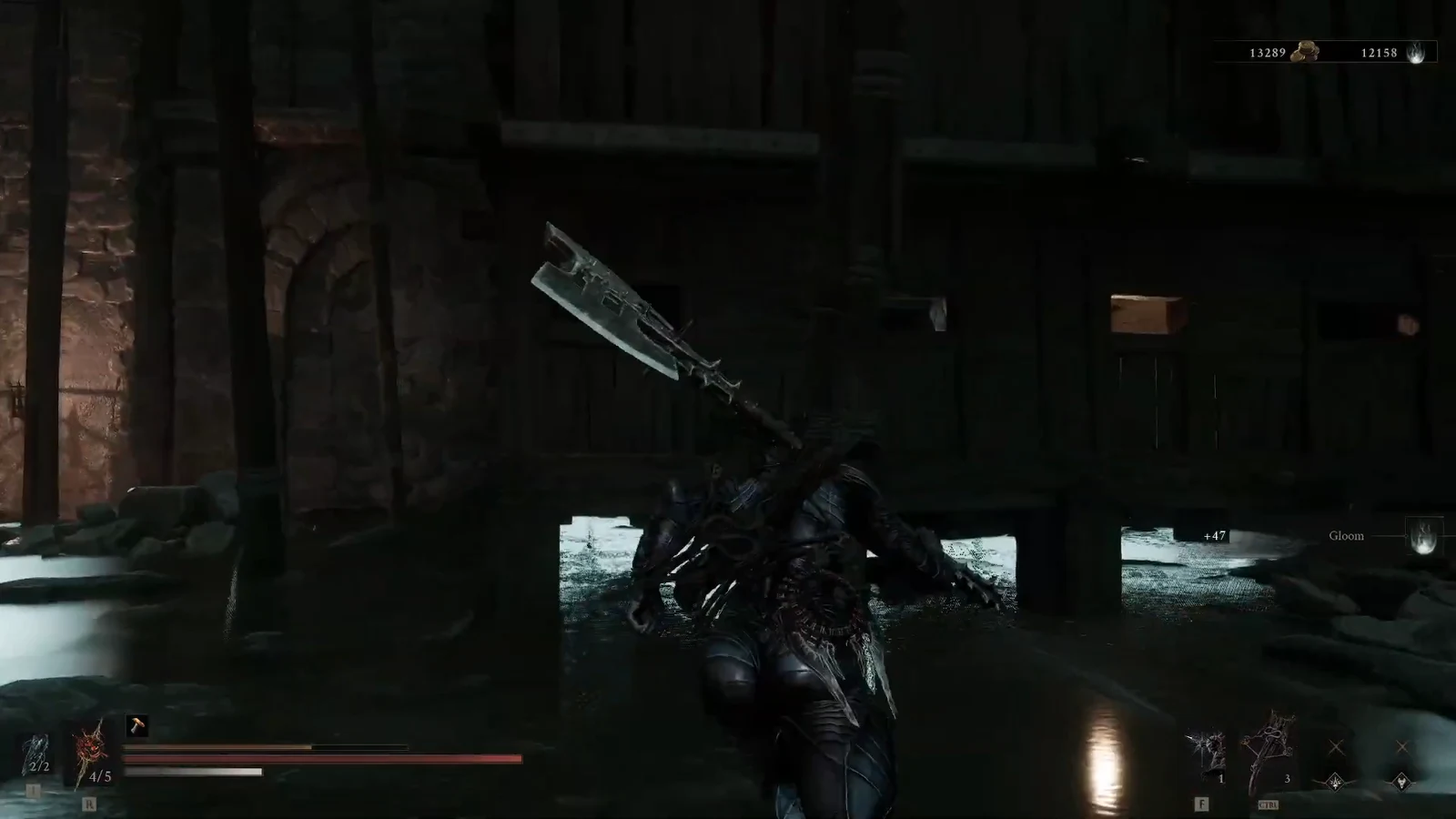 Armored character swinging a greatsword as Gloom +47 appears on the HUD