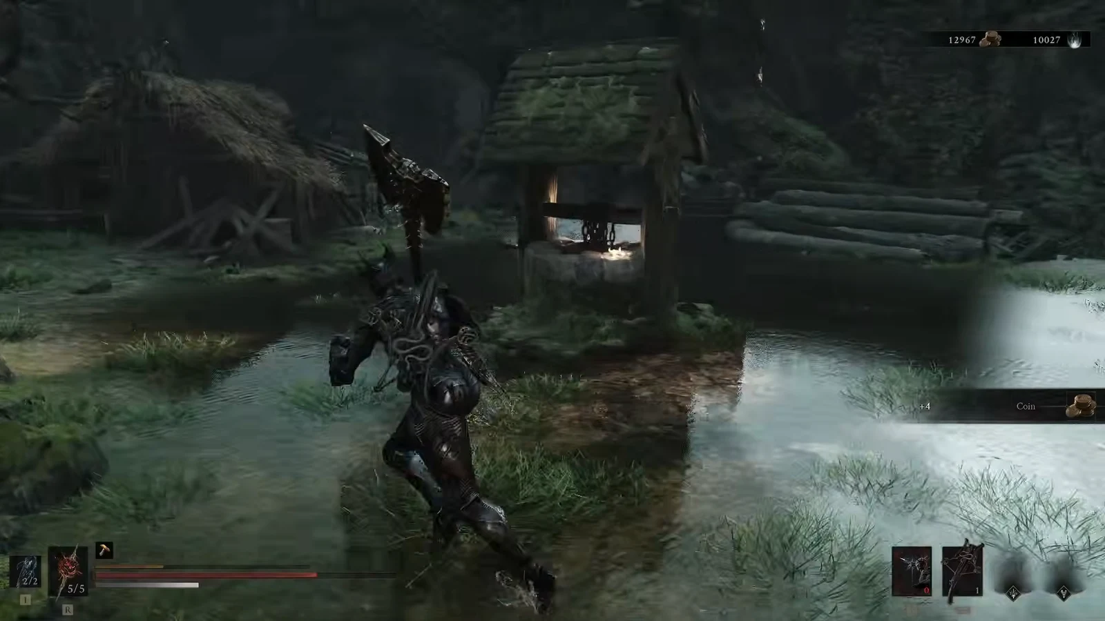 Armored character walking through floodwater in a village with a +4 Coin popup